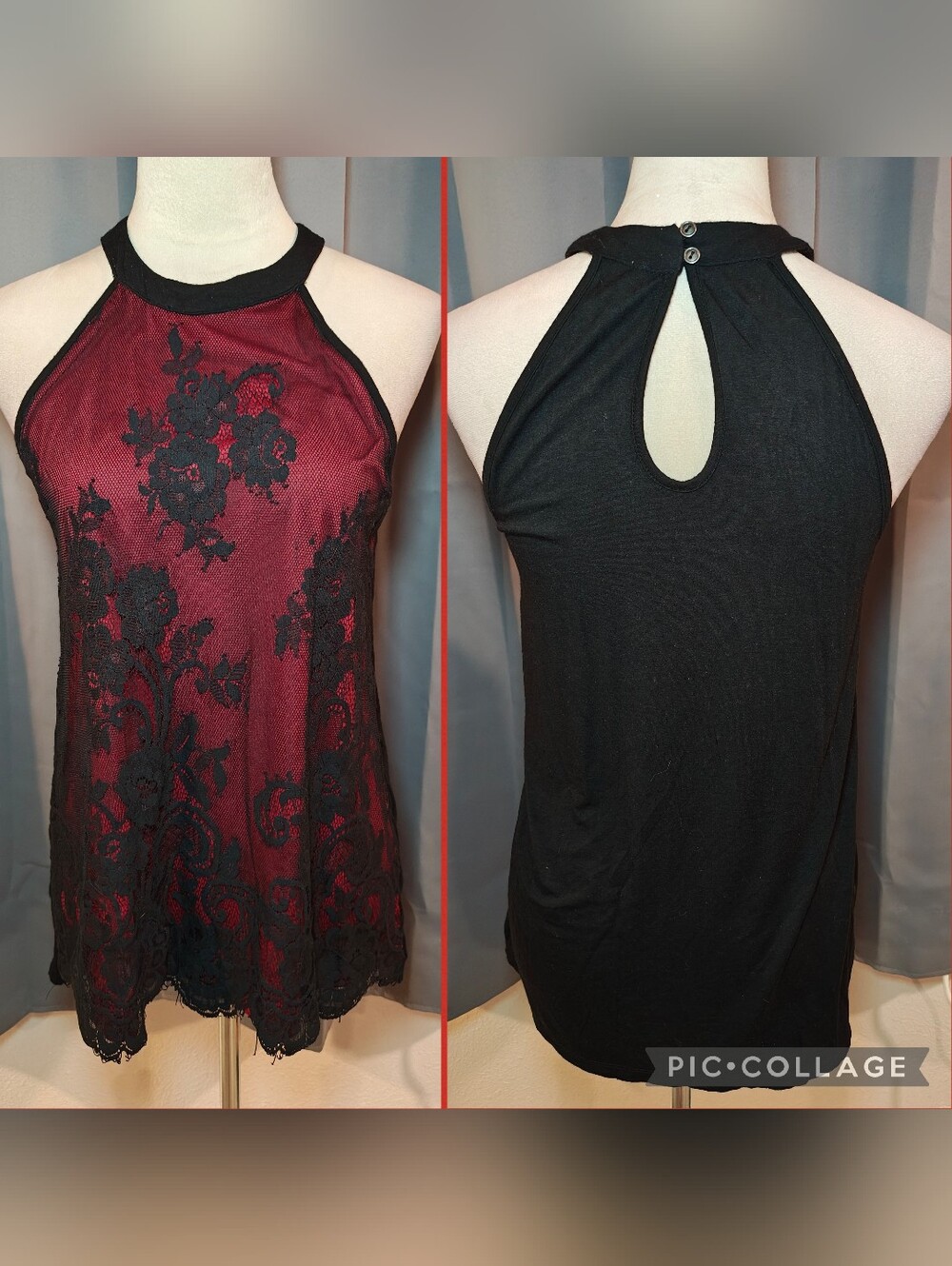 Vintage Vanity Romantic Dark Goth Red & Black Lace Halter Neck Top.